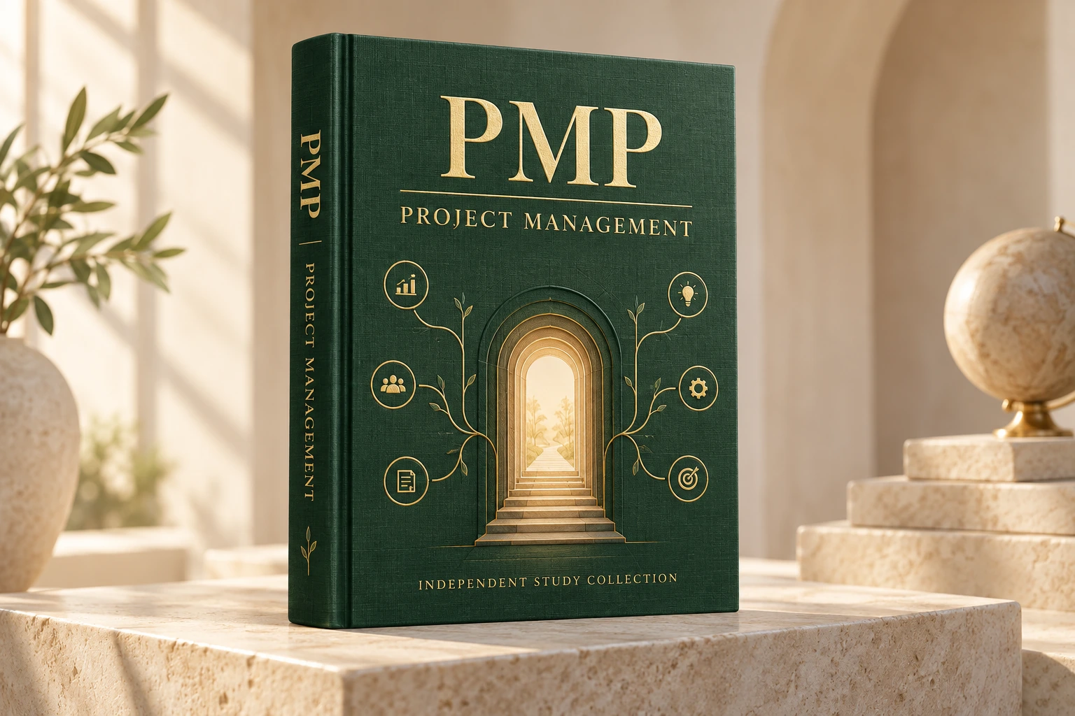 Illustrative PMP study-resource book with a dimensional cloth cover and gold details