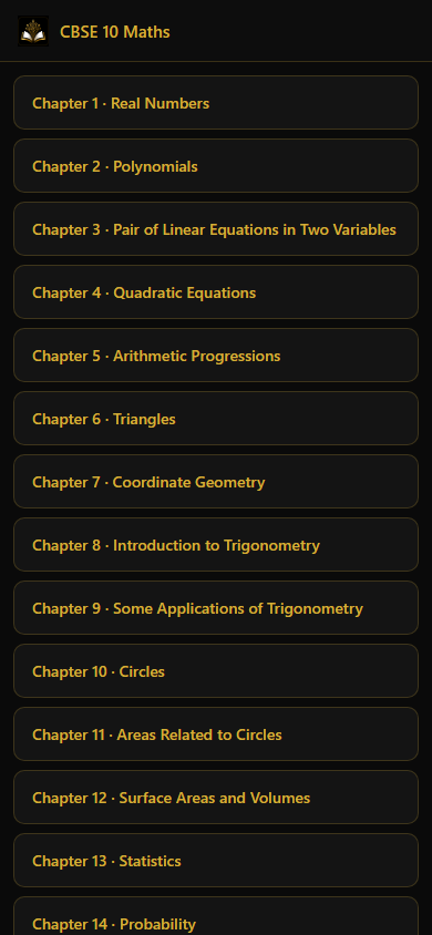 Chapter list screen of the CBSE 10 Maths app on a phone, listing all fourteen chapters from Real Numbers through to Probability.