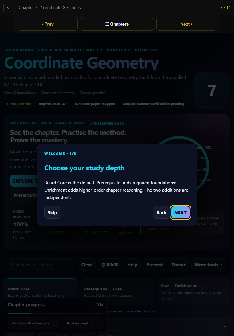 Coordinate Geometry chapter opened in the Maths Exam Crammer, showing the study-depth chooser with Board Core, Prerequisite plus Core and Core plus Enrichment options.