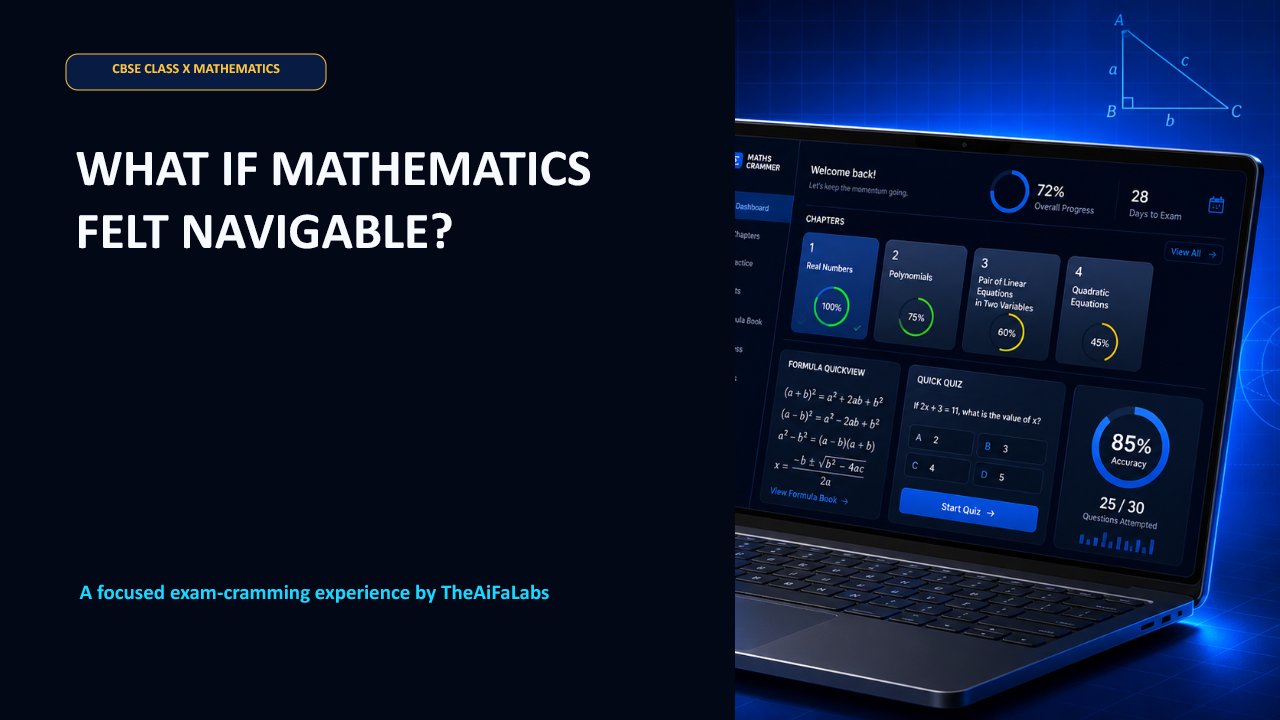 The CBSE X Mathematics Exam Crammer dashboard on a laptop, showing chapter progress rings for Real Numbers, Polynomials, Pair of Linear Equations and Quadratic Equations alongside a formula quickview and a quick quiz panel.