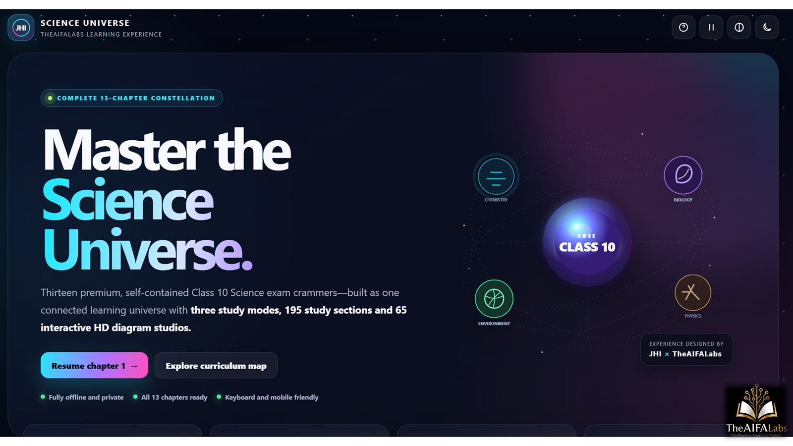 Science Universe home screen showing a Class 10 core orbited by Chemistry, Biology, Physics and Environment nodes.
